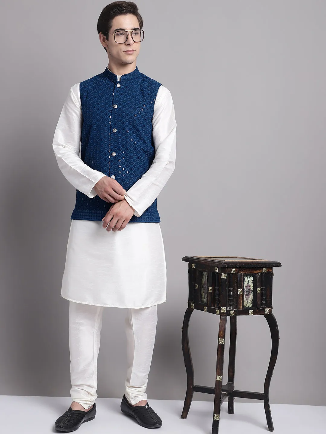 Men'S Peacock Blue Sequins And Embroidered Nehru Jacket