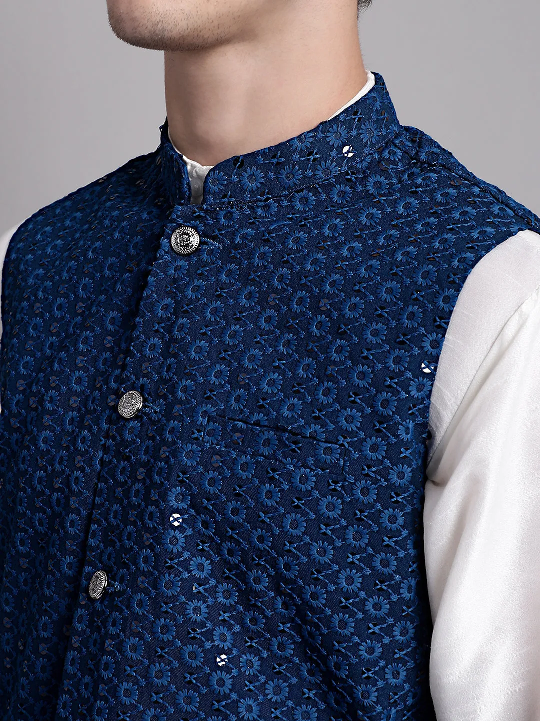 Men'S Peacock Blue Sequins And Embroidered Nehru Jacket