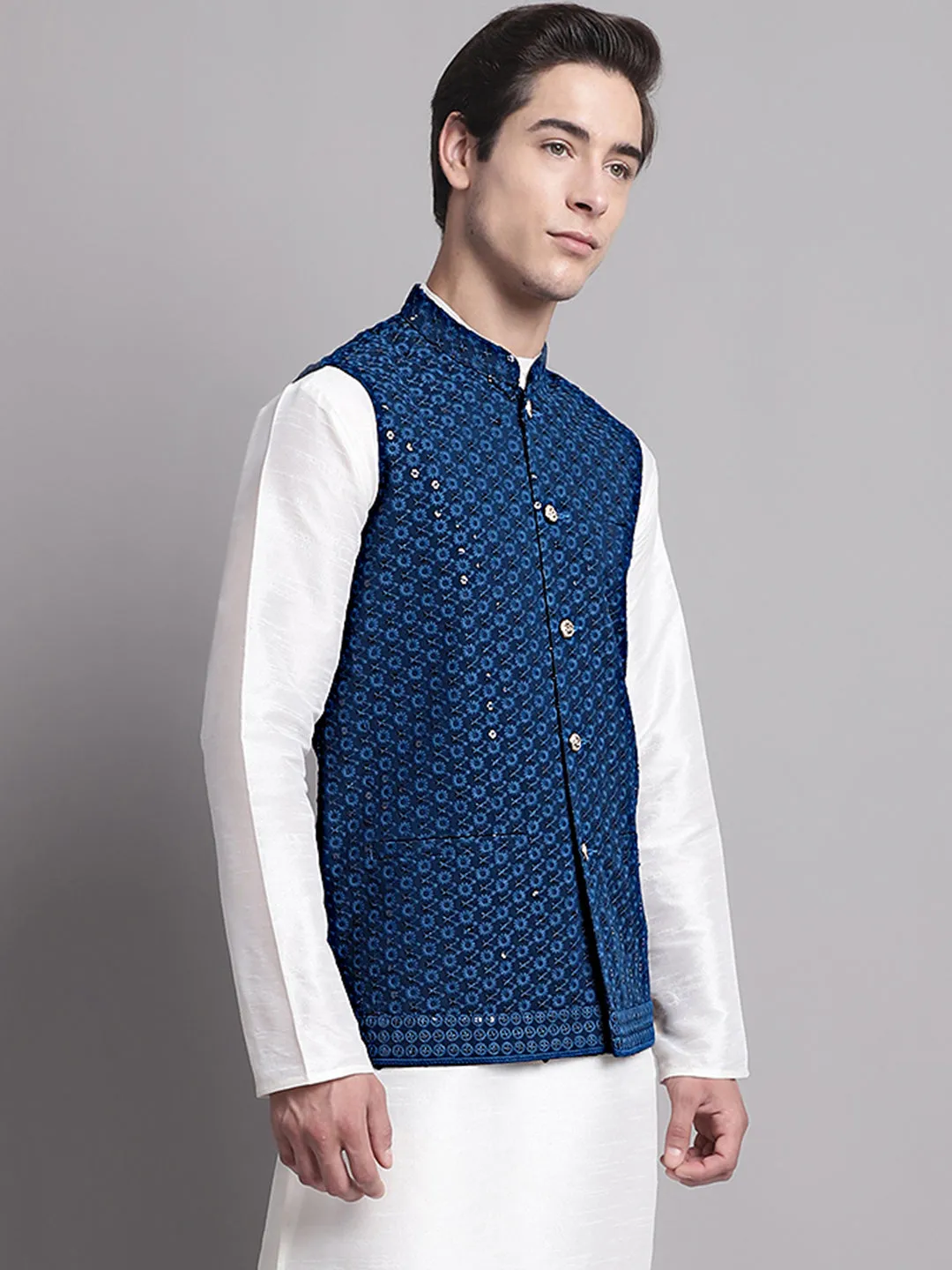 Men'S Peacock Blue Sequins And Embroidered Nehru Jacket