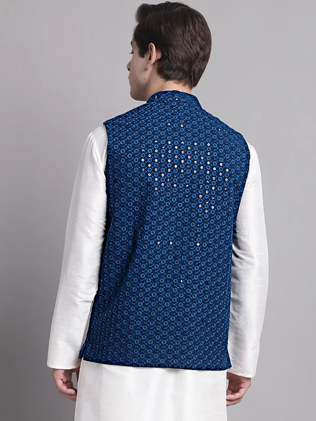 Men'S Peacock Blue Sequins And Embroidered Nehru Jacket