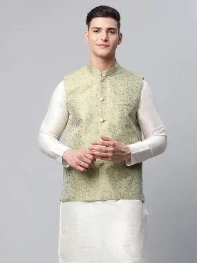 Men'S Pista Green Printed Textured Nehru Jacket