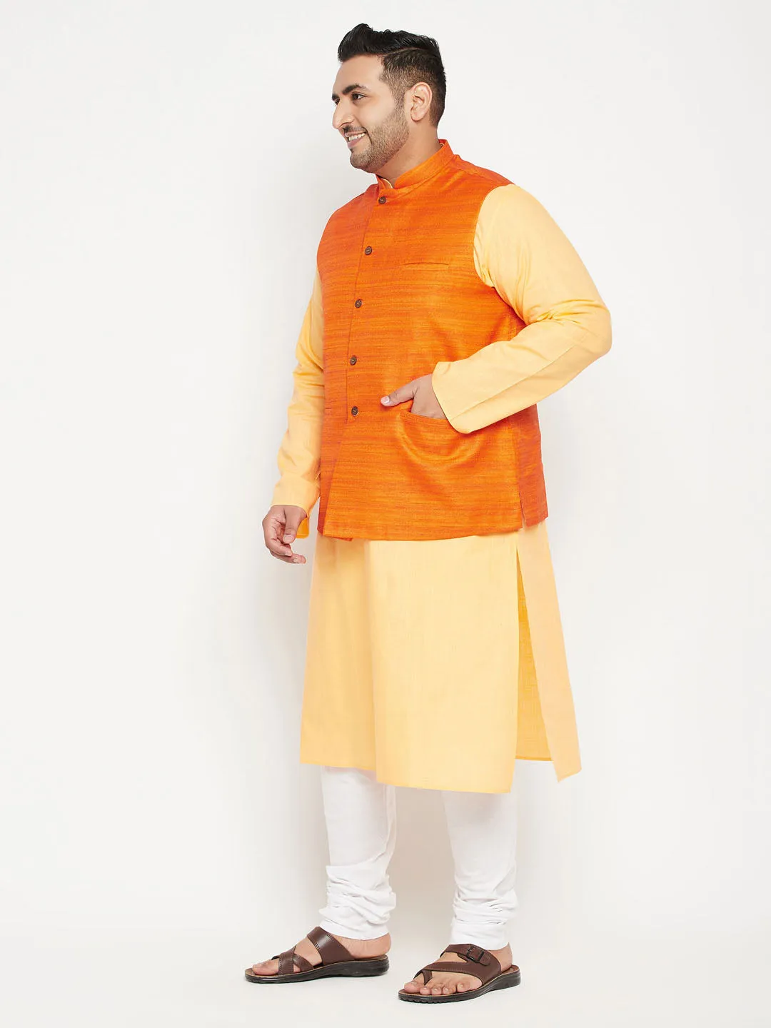 Men's Plus Fawn, Orange And White Cotton Blend Jacket Kurta Pyjama Set - Vastramay