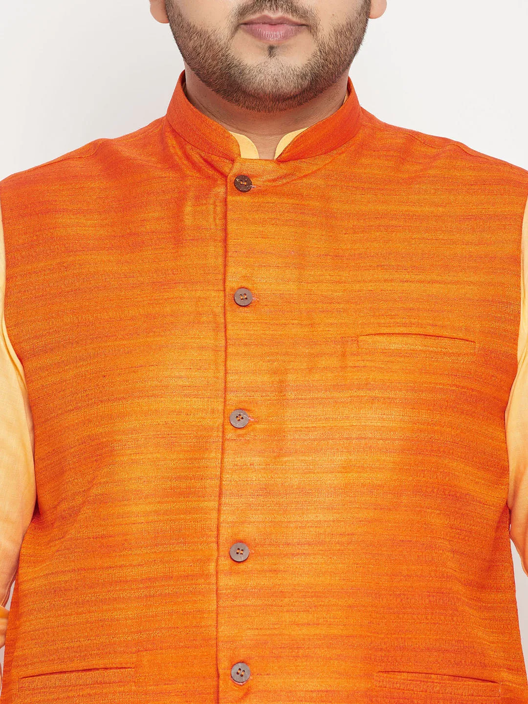 Men's Plus Fawn, Orange And White Cotton Blend Jacket Kurta Pyjama Set - Vastramay