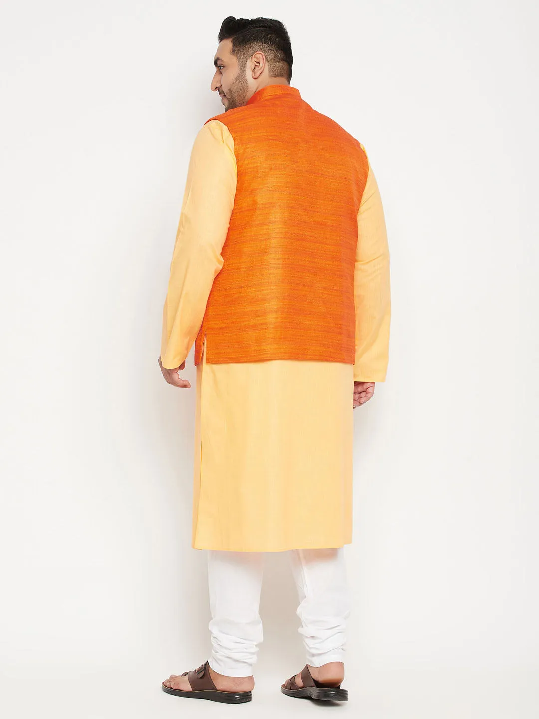 Men's Plus Fawn, Orange And White Cotton Blend Jacket Kurta Pyjama Set - Vastramay