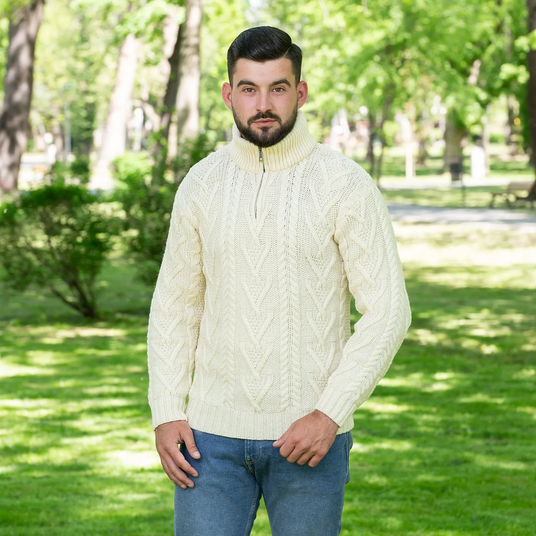 Merino Wool Half Zip Aran Sweater