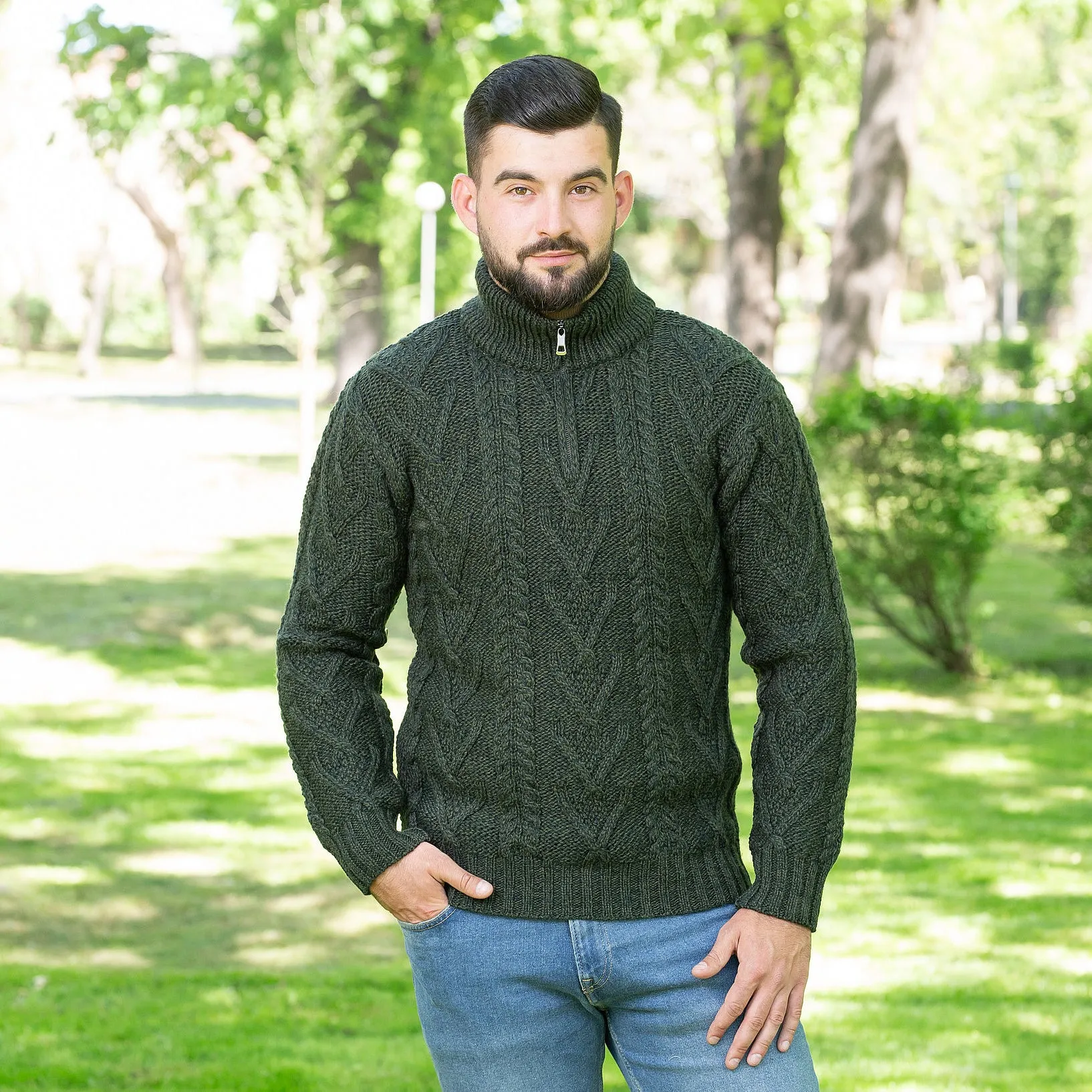 Merino Wool Half Zip Aran Sweater