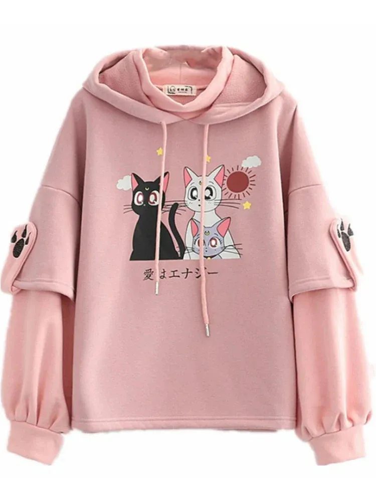 Metaversmall Fleece Pink Winter Hooded Sweatshirt Cartoon Cat Print Cute Hoodies Sweet Style Girl Long Sleeve Kawaii Harakuju Pullover Top