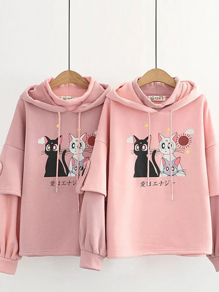 Metaversmall Fleece Pink Winter Hooded Sweatshirt Cartoon Cat Print Cute Hoodies Sweet Style Girl Long Sleeve Kawaii Harakuju Pullover Top