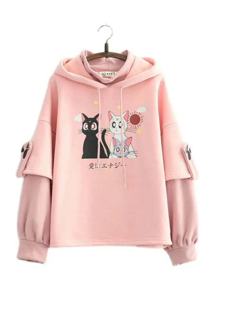 Metaversmall Fleece Pink Winter Hooded Sweatshirt Cartoon Cat Print Cute Hoodies Sweet Style Girl Long Sleeve Kawaii Harakuju Pullover Top