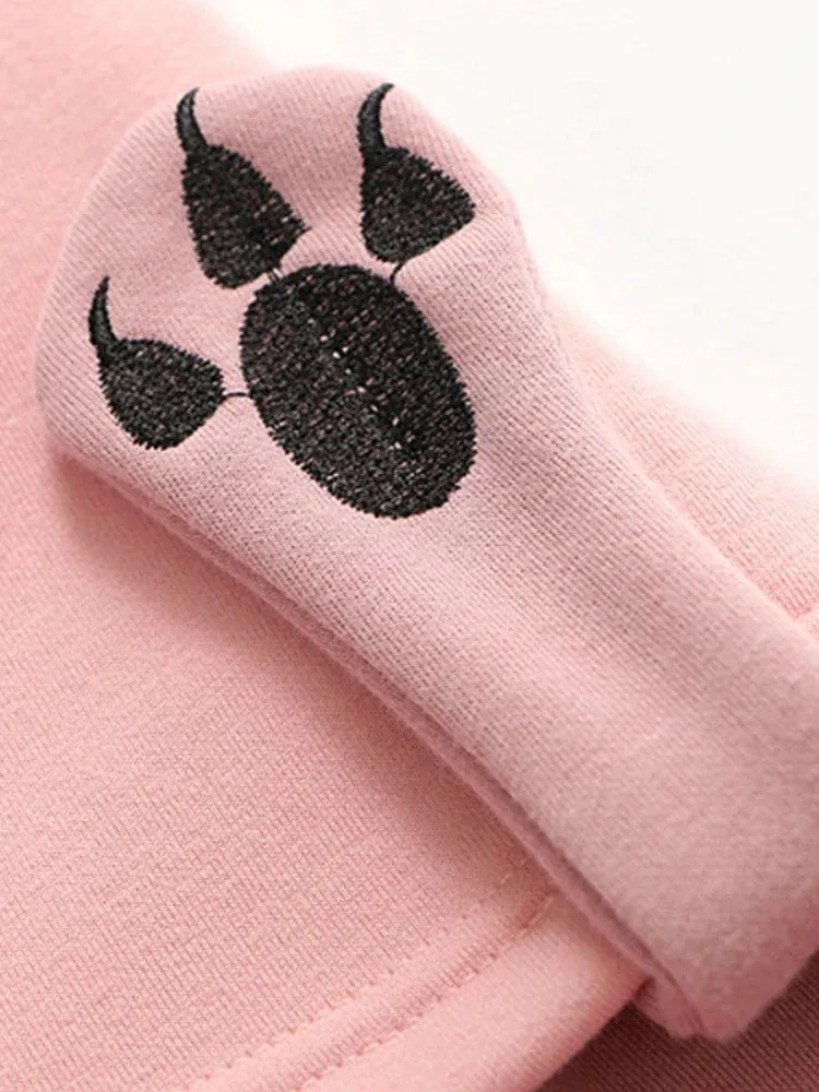 Metaversmall Fleece Pink Winter Hooded Sweatshirt Cartoon Cat Print Cute Hoodies Sweet Style Girl Long Sleeve Kawaii Harakuju Pullover Top