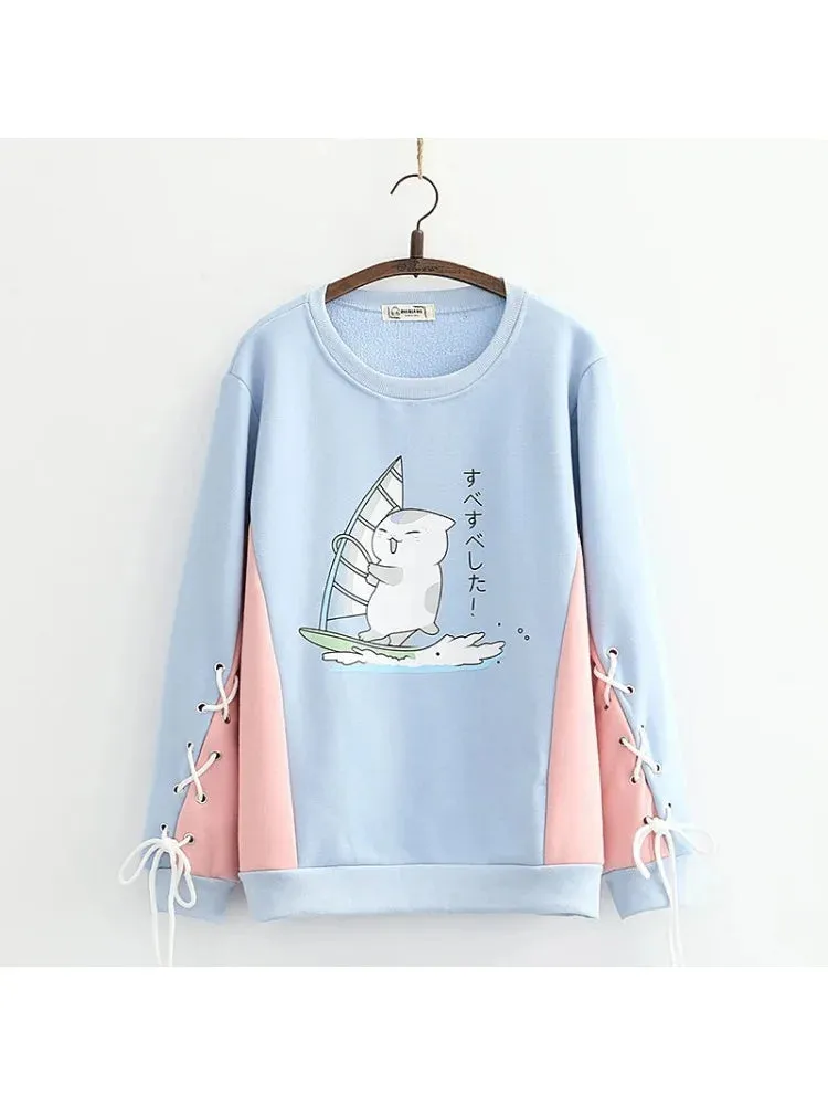 Metaversmall Fleece Plus Velvet Hoodies Sweatshirts For Teen Girls Cartoon Print O-neck  Winter Thick Cute Pullover Tracksuits