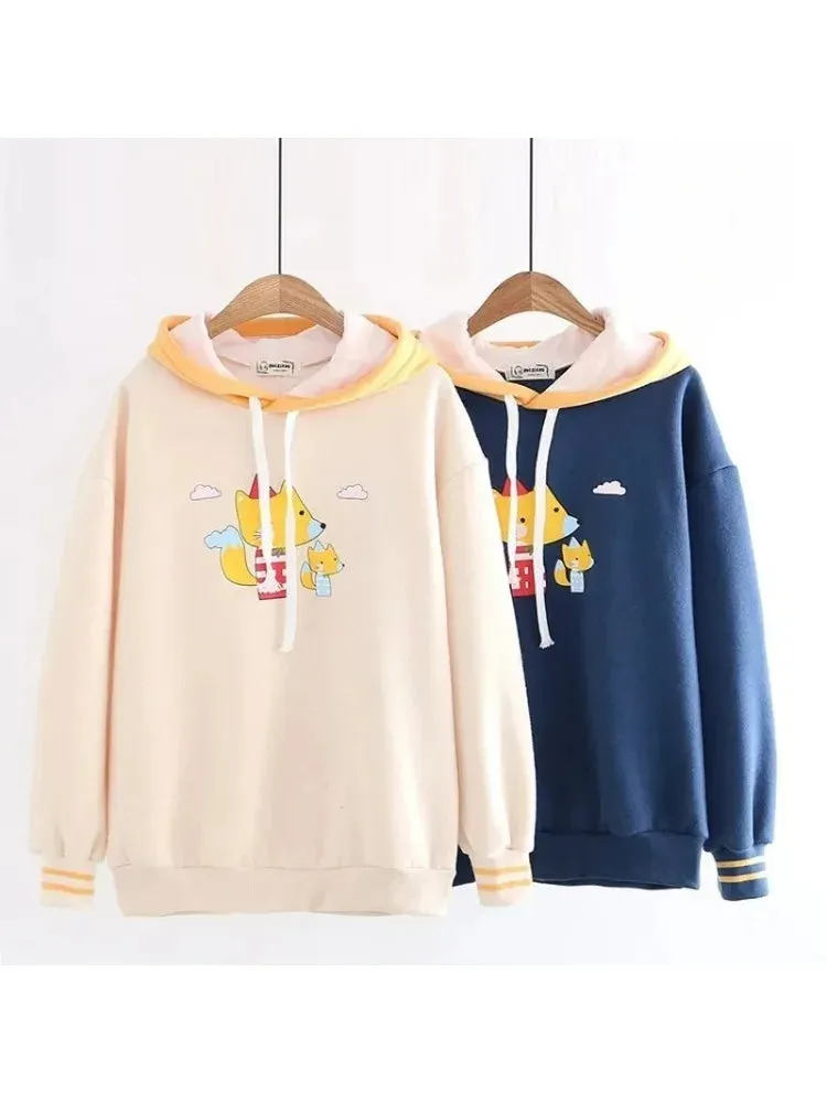 Metaversmall Harakuju Cartoon Fox Print Casual Pullover Hoodies Women Winter Long Sleeve Hooded Sweatshirt Girly Loose Female Fleece Top