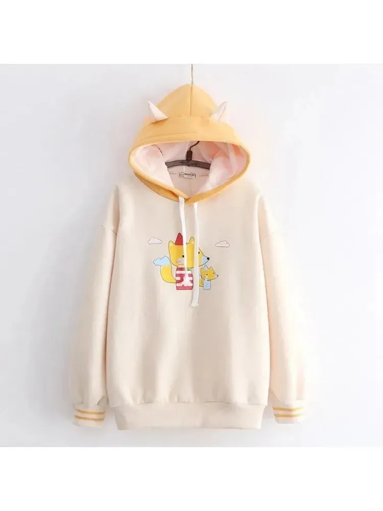 Metaversmall Harakuju Cartoon Fox Print Casual Pullover Hoodies Women Winter Long Sleeve Hooded Sweatshirt Girly Loose Female Fleece Top