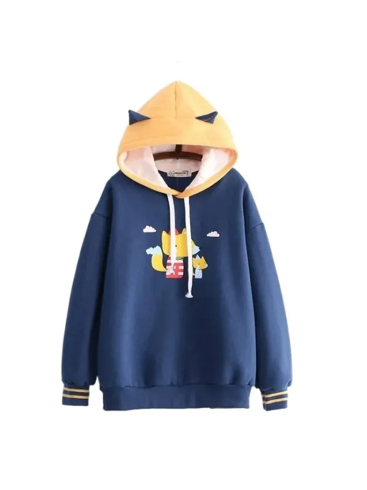 Metaversmall Harakuju Cartoon Fox Print Casual Pullover Hoodies Women Winter Long Sleeve Hooded Sweatshirt Girly Loose Female Fleece Top