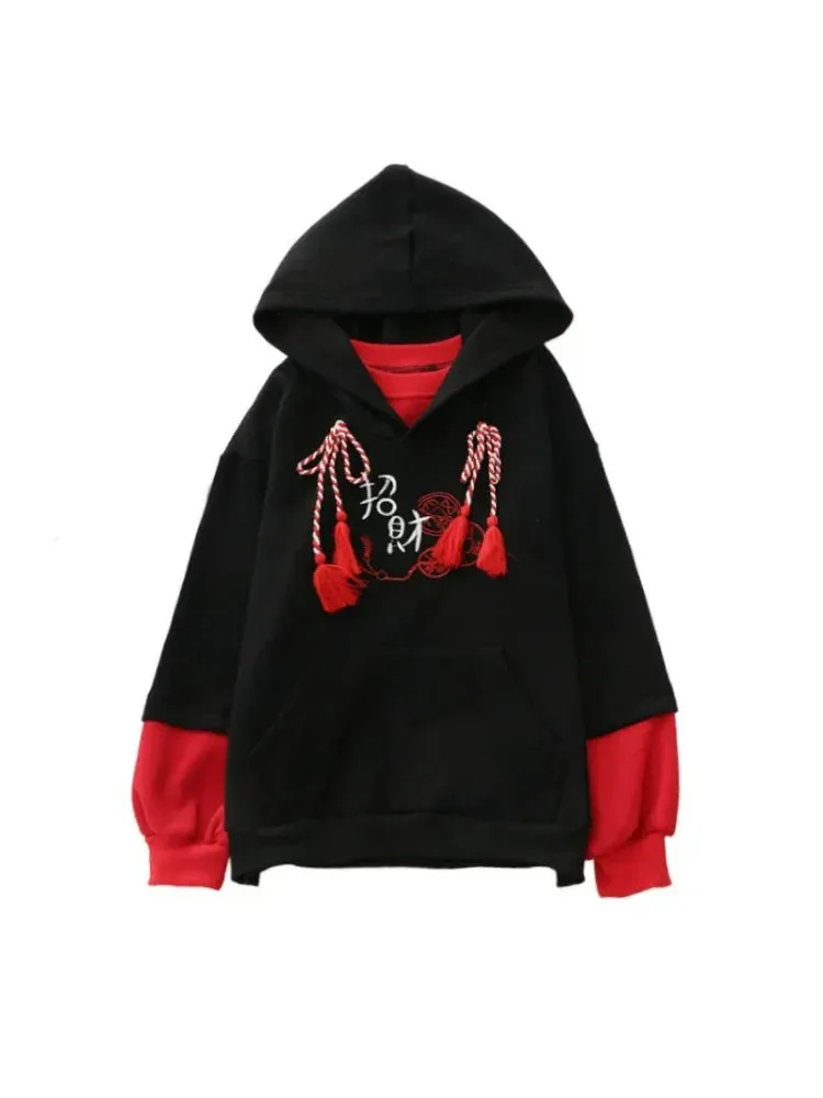 Metaversmall Harakuju Letter Embroidery Hoodies Winter Fleece Thick Long Sleeve Hooded Sweatshirts Sweet Style Pullover Tracksuits