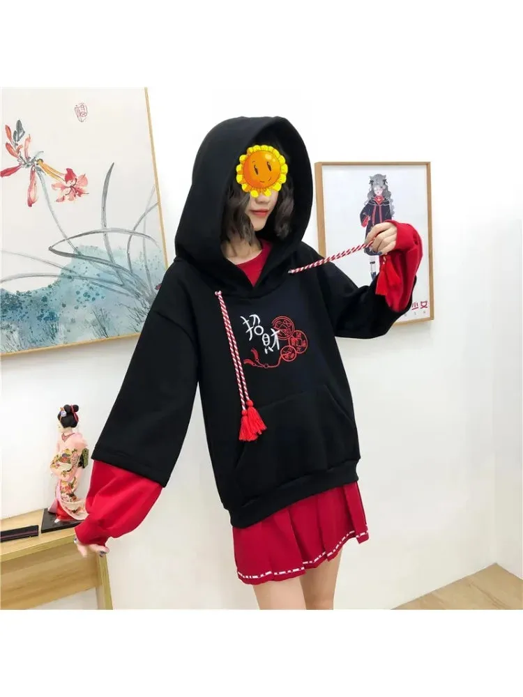 Metaversmall Harakuju Letter Embroidery Hoodies Winter Fleece Thick Long Sleeve Hooded Sweatshirts Sweet Style Pullover Tracksuits