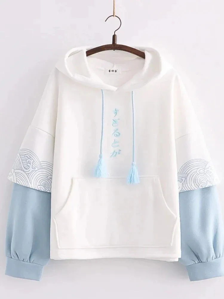 Metaversmall Japan Style Letter Embroidery Fleece Women Hoodies Patchwork Drawstring Hooded Sweatshirt Winter Female Pullover Tops