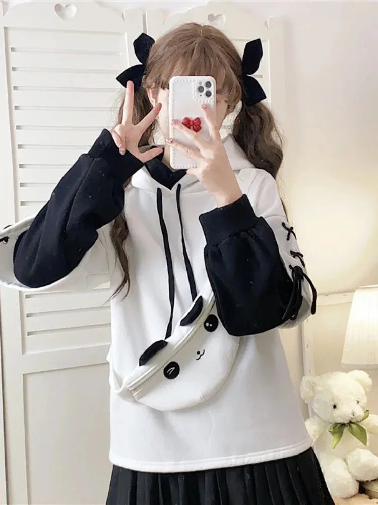 Metaversmall Winter Fleece Hoodies Women Cartoon Panda Print Pocket Patchwork Hooded Sweatshirts Long Sleeve Lace Up Pullover Tracksuits