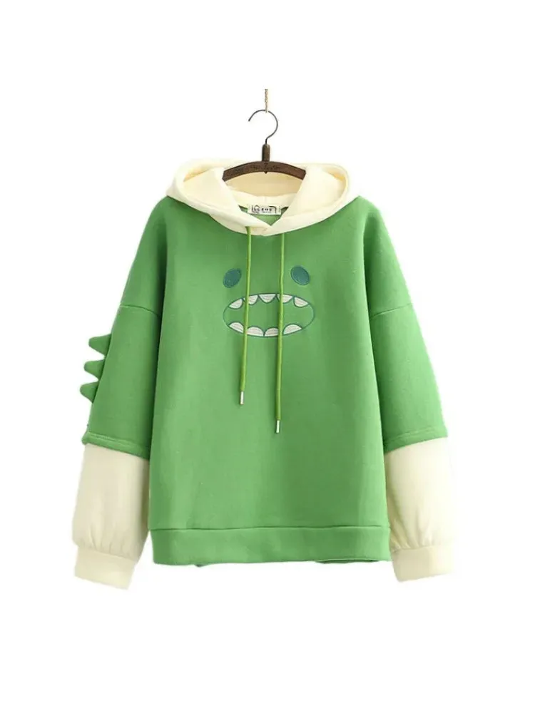 Metaversmall Women Hooded Sweatshirt Casual Loose Long Sleeve Cartoon Embroidery Hoodies Female Winter Fleece Thick Pullover