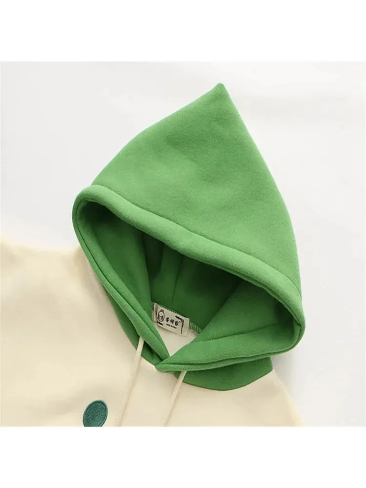 Metaversmall Women Hooded Sweatshirt Casual Loose Long Sleeve Cartoon Embroidery Hoodies Female Winter Fleece Thick Pullover