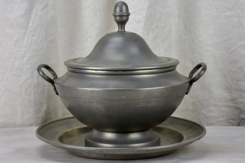 Mid century pewter soup tureen and plate