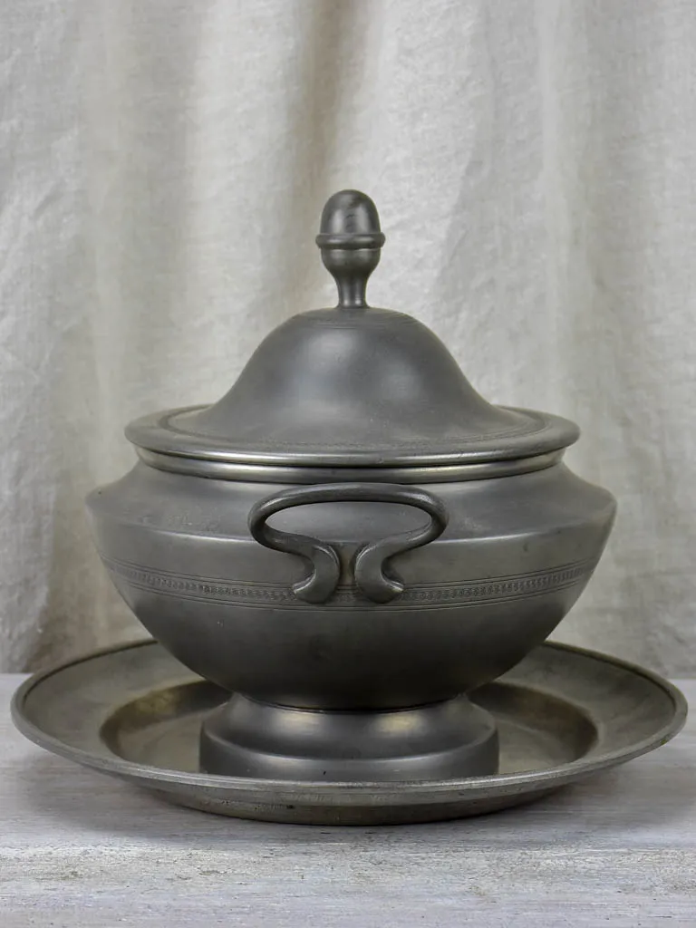 Mid century pewter soup tureen and plate