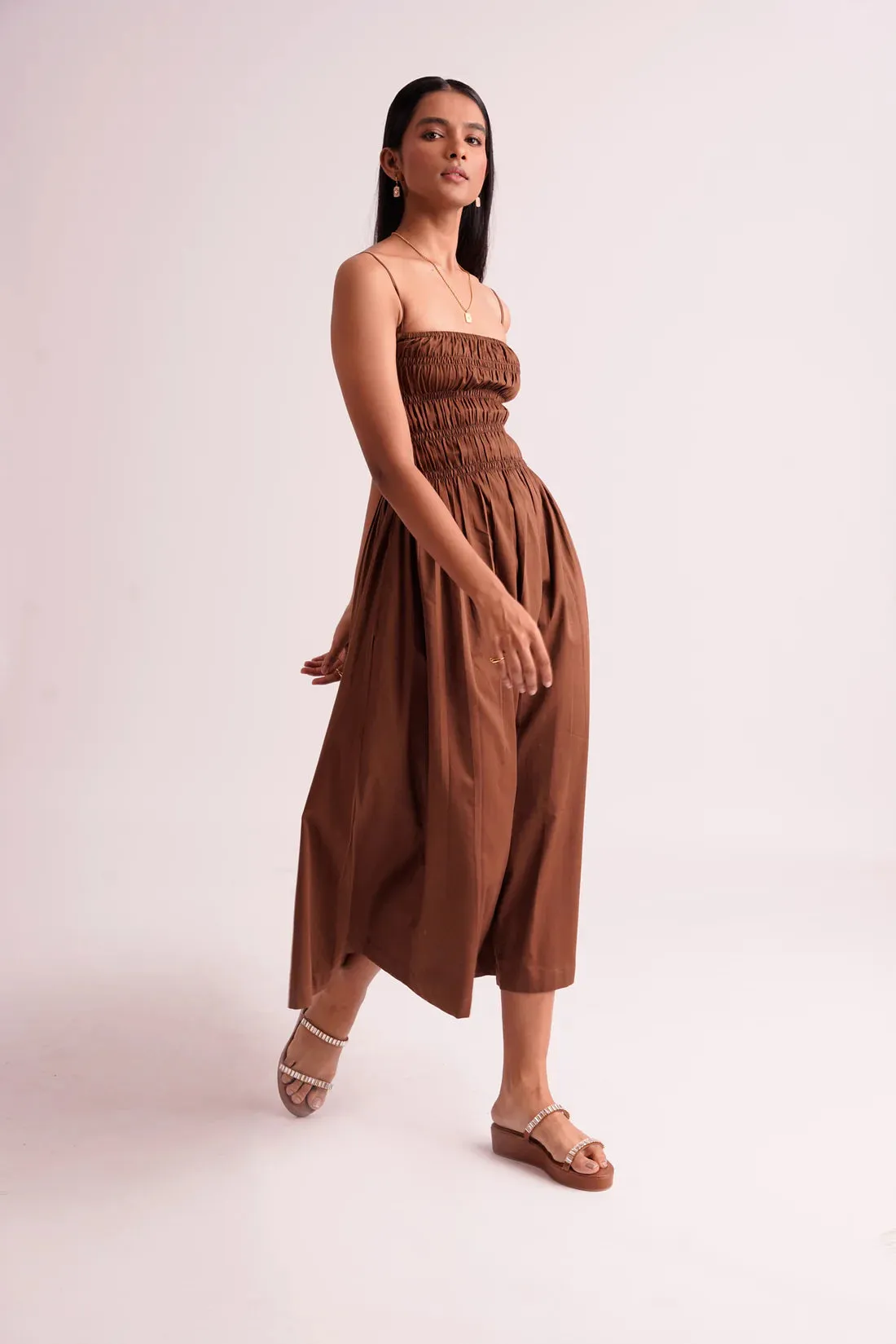 Midi Length Brown Women's cotton strap Dress