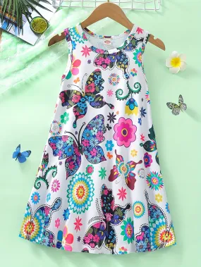 Midi Length Sleeveless Trapeze Dress for Girls - Butterfly Flowers Allover Print, Crew Neck, Medium Stretch Polyester, Cute Summer Style, No Belt or Padding