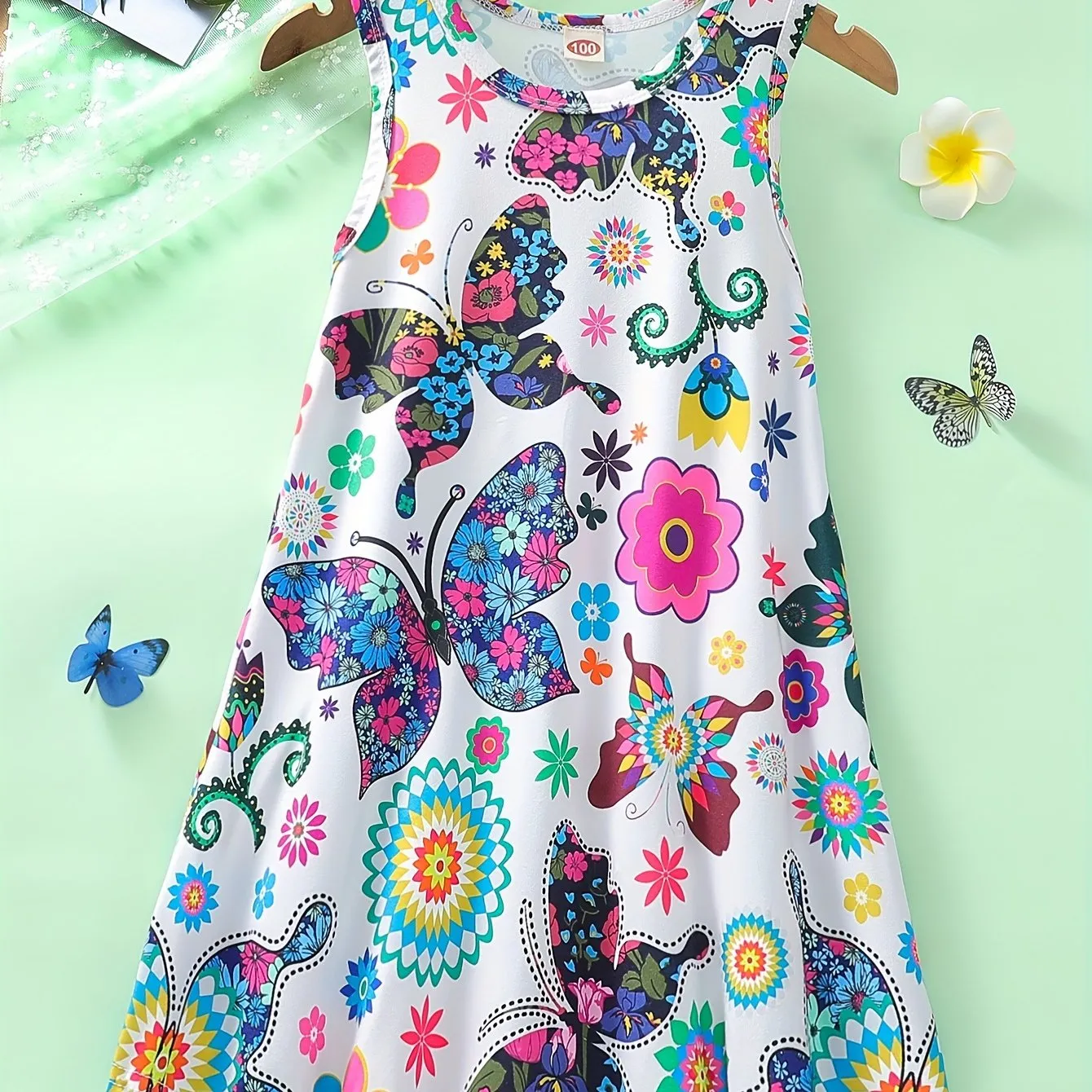 Midi Length Sleeveless Trapeze Dress for Girls - Butterfly Flowers Allover Print, Crew Neck, Medium Stretch Polyester, Cute Summer Style, No Belt or Padding