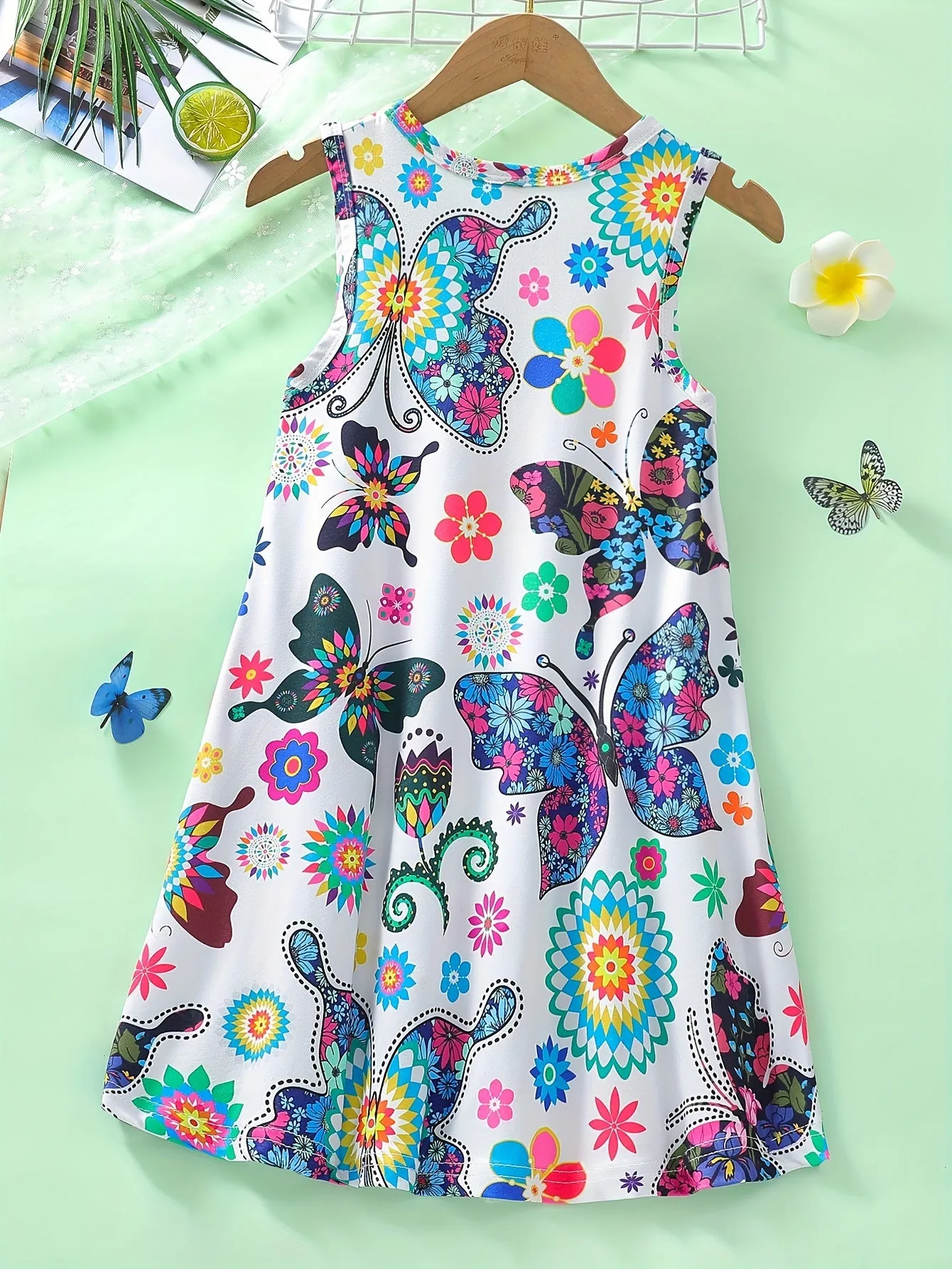 Midi Length Sleeveless Trapeze Dress for Girls - Butterfly Flowers Allover Print, Crew Neck, Medium Stretch Polyester, Cute Summer Style, No Belt or Padding