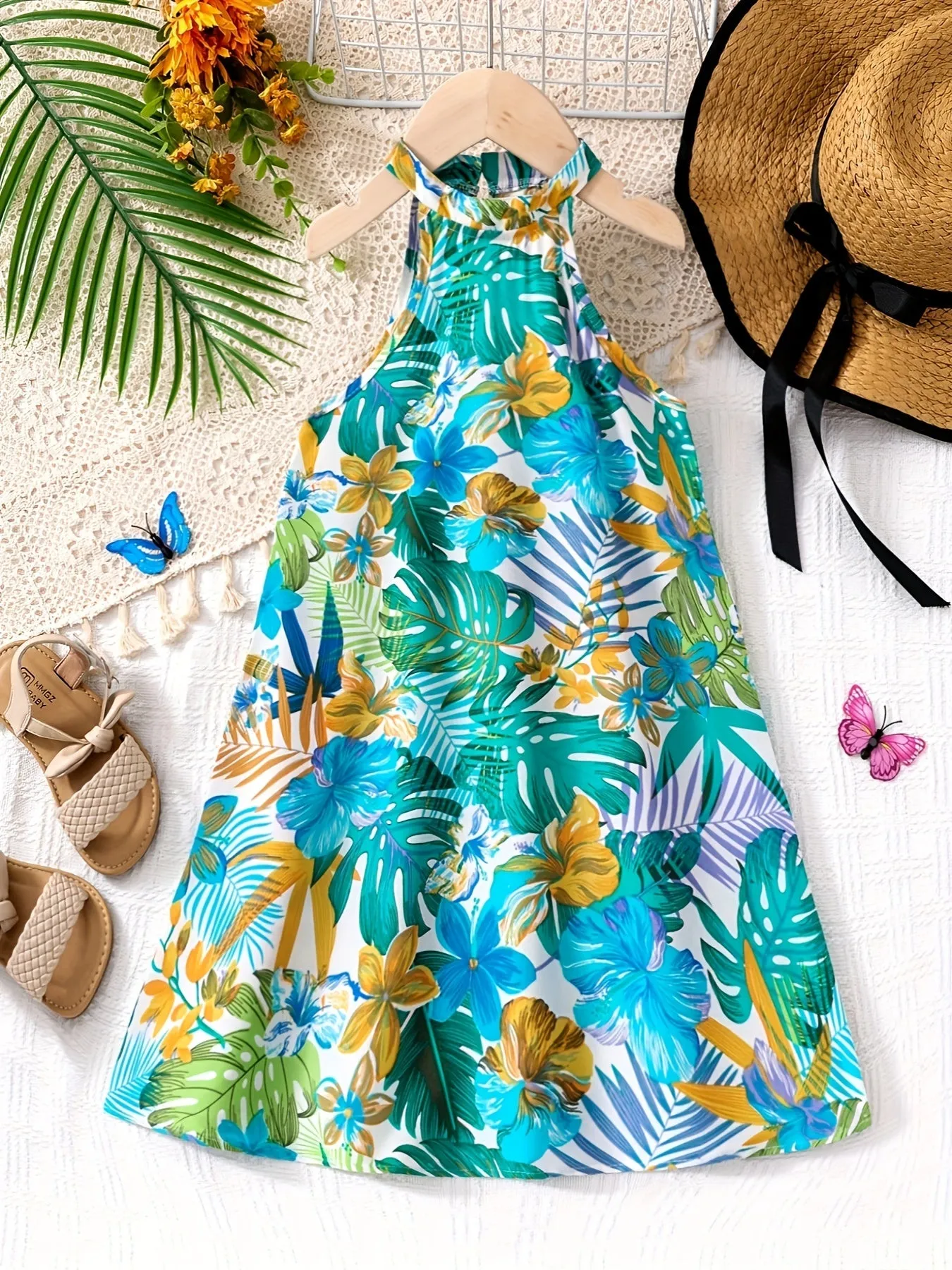 Midi Tropical Leaves Print Sleeveless Halter Neck Dress for Girls - Vibrant Summer Party Outfit with Trapeze Hem and Straight Skirt - Machine Washable Polyester Fabric, No Belt or Padding, Perfect for Holiday Gift