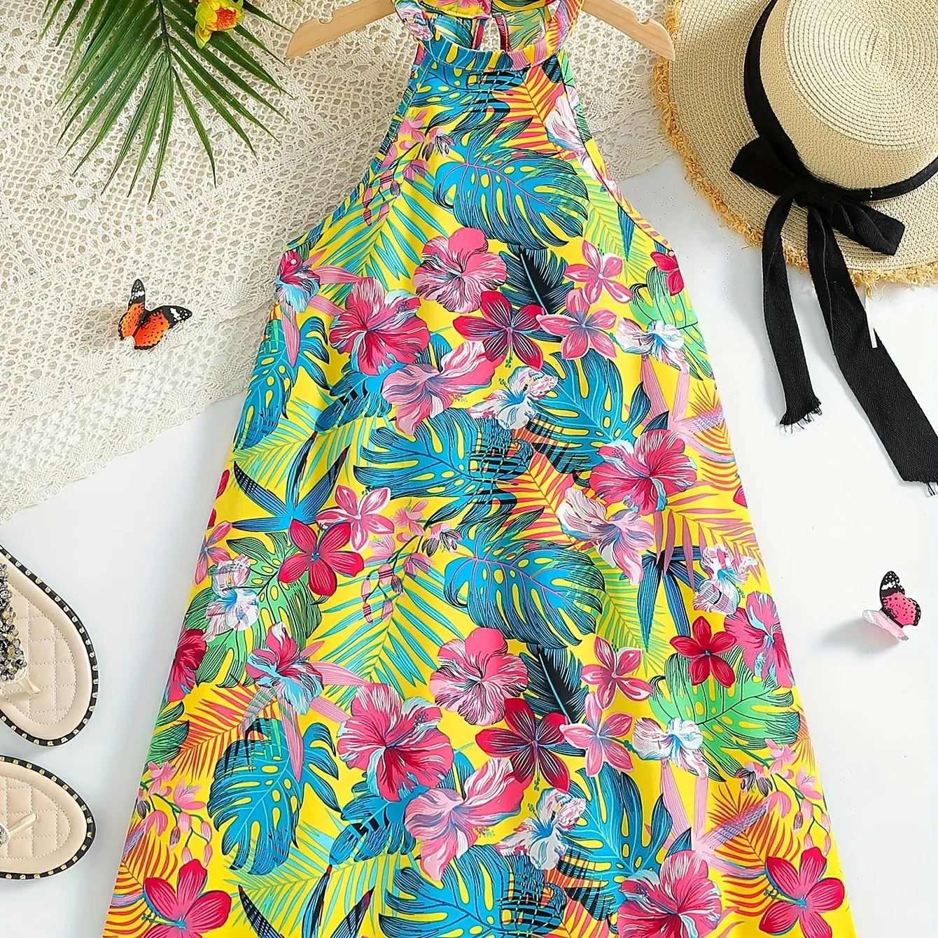 Midi Tropical Leaves Print Sleeveless Halter Neck Dress for Girls - Vibrant Summer Party Outfit with Trapeze Hem and Straight Skirt - Machine Washable Polyester Fabric, No Belt or Padding, Perfect for Holiday Gift