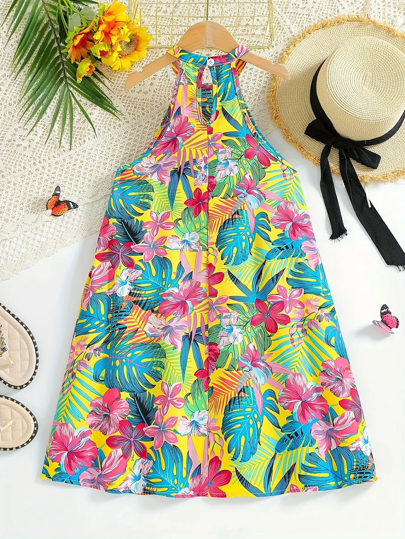 Midi Tropical Leaves Print Sleeveless Halter Neck Dress for Girls - Vibrant Summer Party Outfit with Trapeze Hem and Straight Skirt - Machine Washable Polyester Fabric, No Belt or Padding, Perfect for Holiday Gift