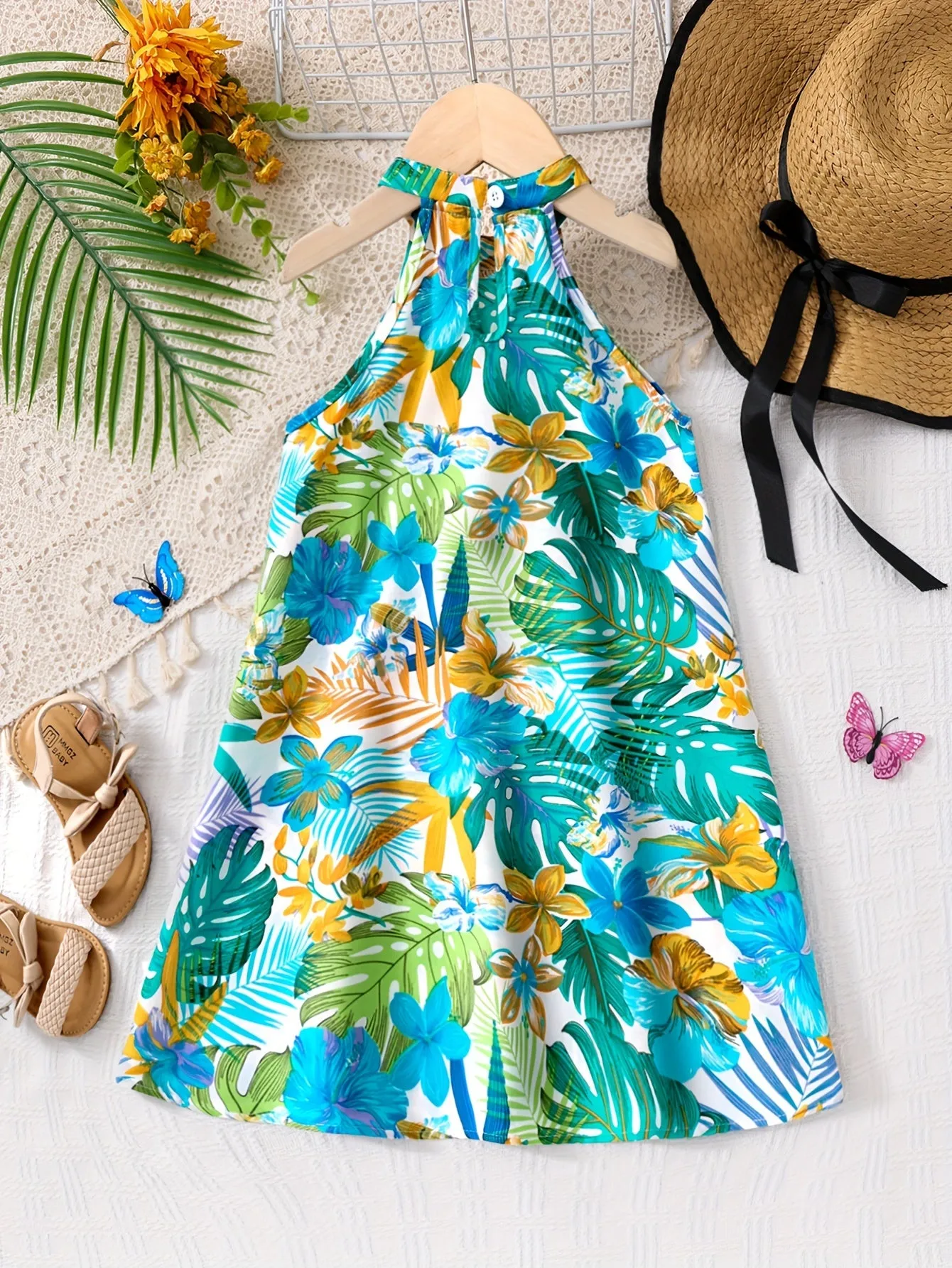 Midi Tropical Leaves Print Sleeveless Halter Neck Dress for Girls - Vibrant Summer Party Outfit with Trapeze Hem and Straight Skirt - Machine Washable Polyester Fabric, No Belt or Padding, Perfect for Holiday Gift