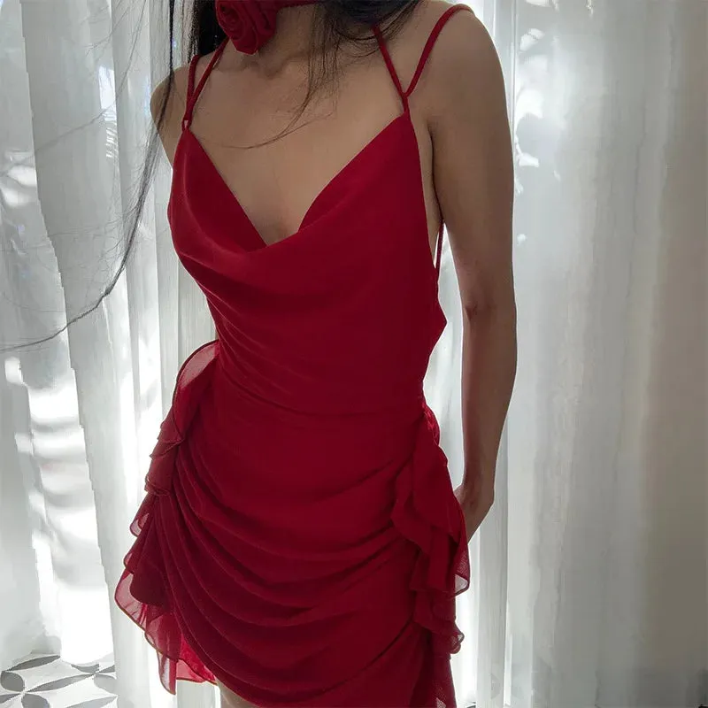 Mini Solid Holiday Slim Folds Ruffle Backless Sexy Dress