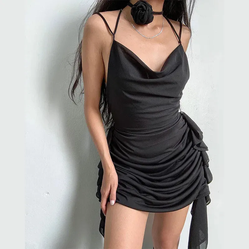 Mini Solid Holiday Slim Folds Ruffle Backless Sexy Dress