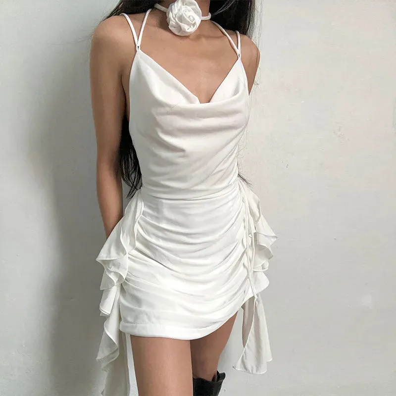 Mini Solid Holiday Slim Folds Ruffle Backless Sexy Dress