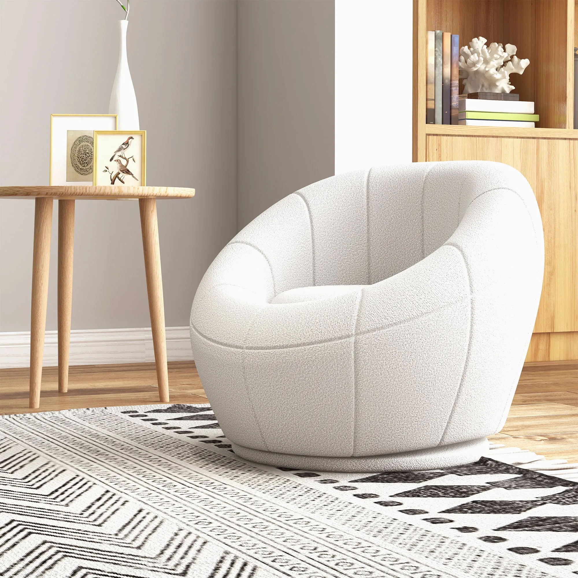 Modern Round Boucle Armchair Accent Chair for Living Room Bedroom White