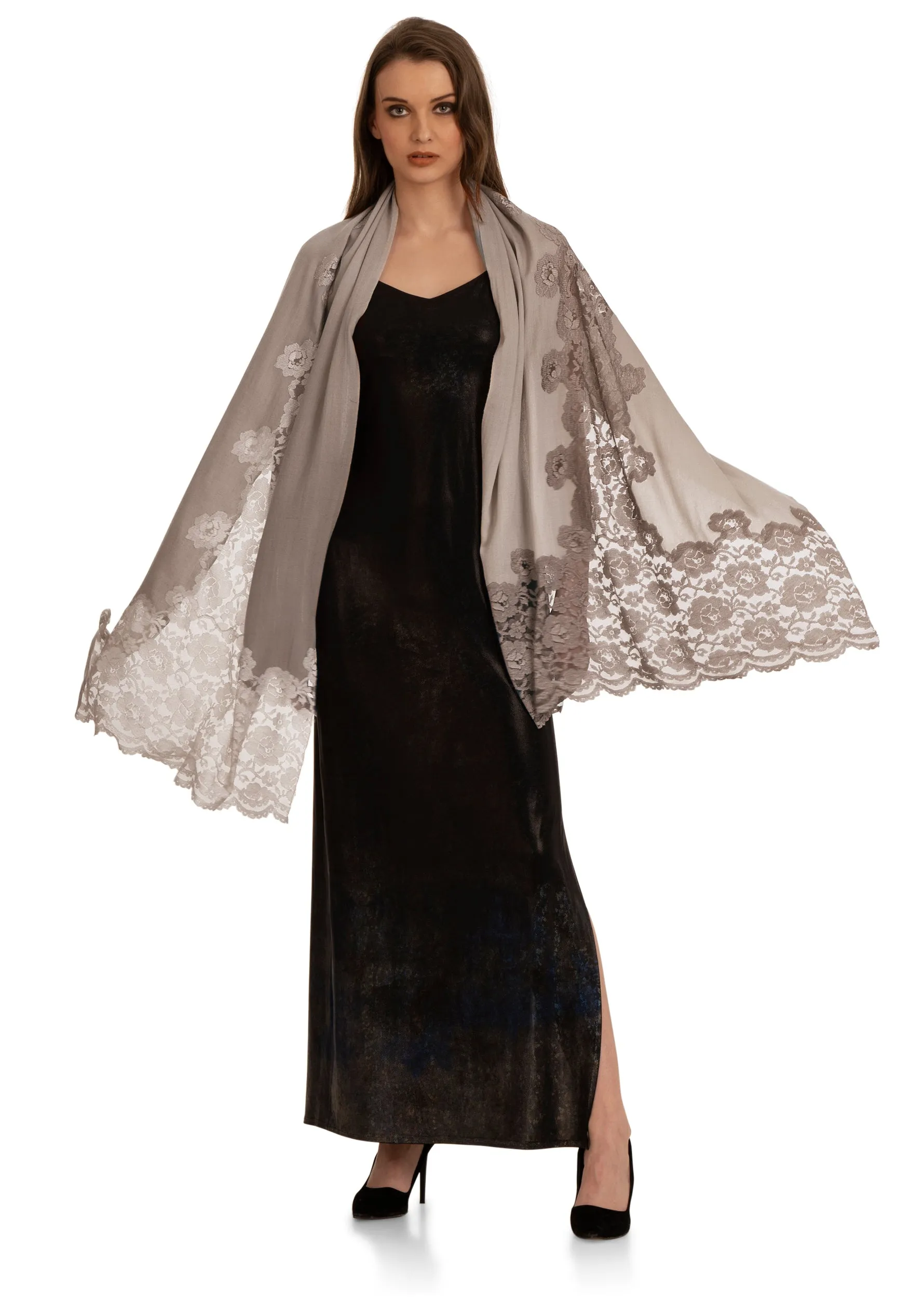 Mousse Ombre Wool and Silk Scarf with Dual-Colored Mousse Ombre Floral Lace Application