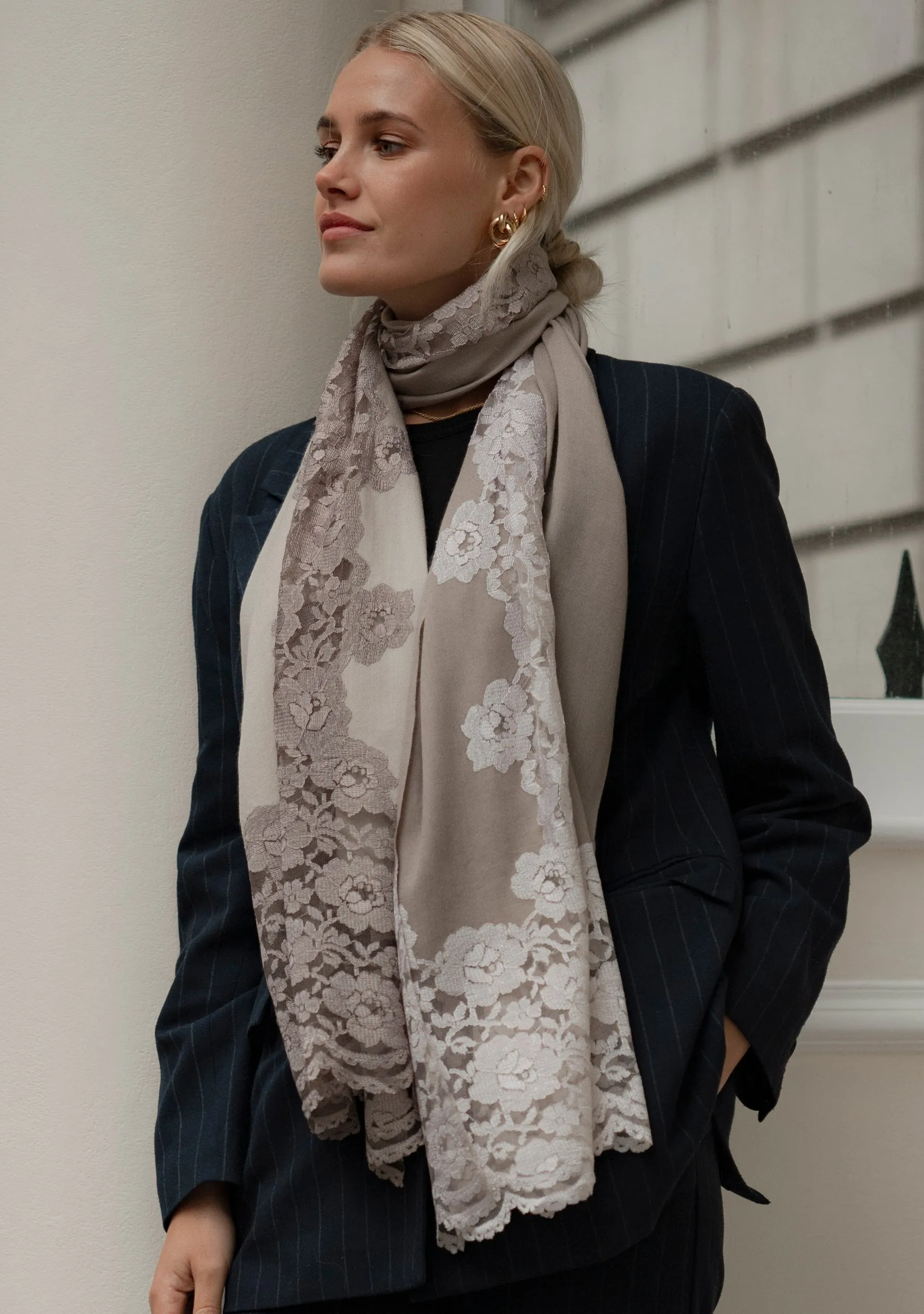 Mousse Ombre Wool and Silk Scarf with Dual-Colored Mousse Ombre Floral Lace Application