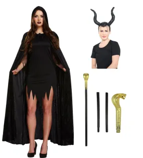 Mystical Fairytale Witch Horns Headband, Velvet Hooded Cape & Snake Cane Halloween Witch Costume Set