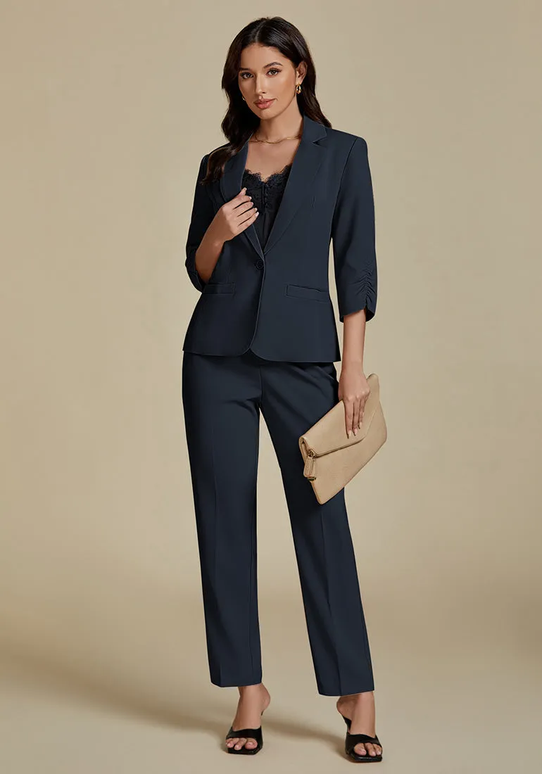 Navy Blue Two piece set of women's 3/4 sleeve business coat and pants suit