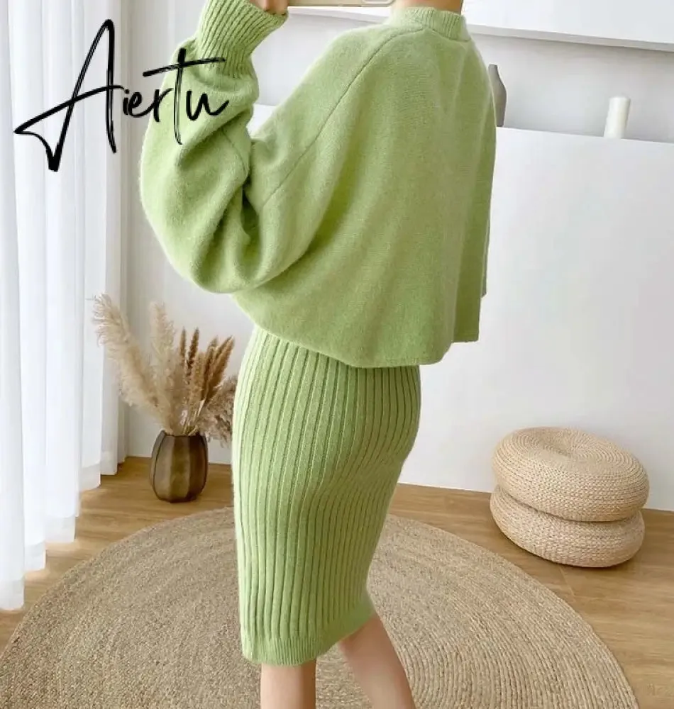 New Fall/Winter Bat Sleeve O-Neck Soft Sweater    Women&#39;s Knitted Vest Long Dress Two-Piece Dress Sets Femme