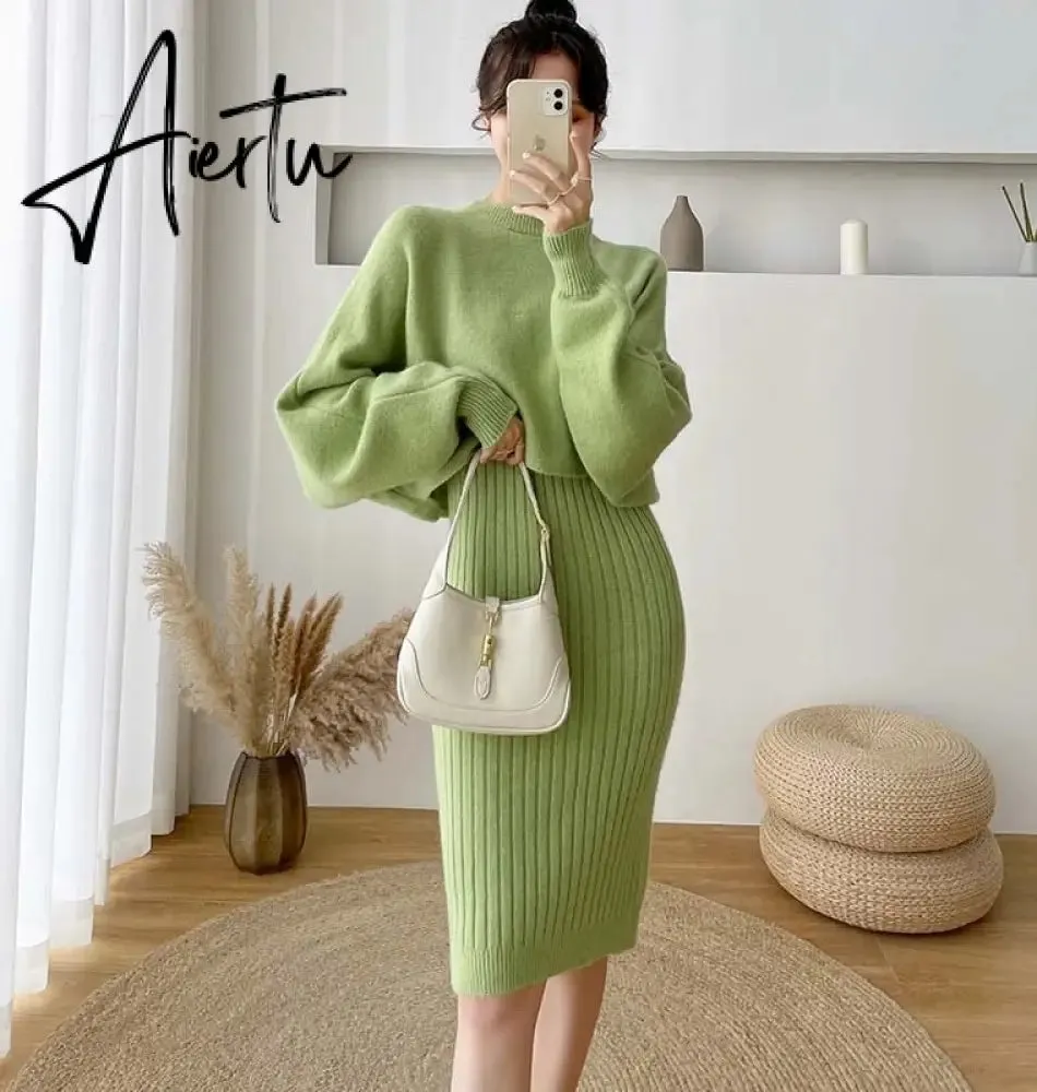 New Fall/Winter Bat Sleeve O-Neck Soft Sweater    Women&#39;s Knitted Vest Long Dress Two-Piece Dress Sets Femme