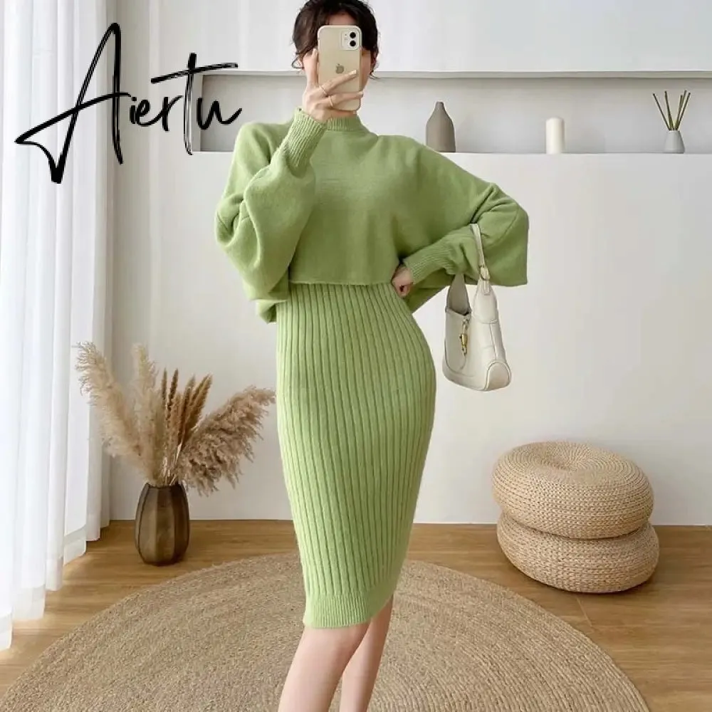 New Fall/Winter Bat Sleeve O-Neck Soft Sweater    Women&#39;s Knitted Vest Long Dress Two-Piece Dress Sets Femme