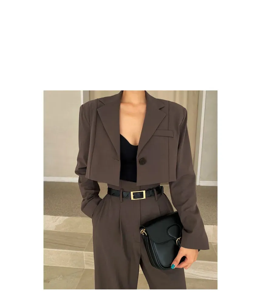 Office Lady Blazer Suits Vintage Two Piece Set Women Long Sleeve Short Blazer   High Waist Wide Leg Long Pants 2 Piece Outfits