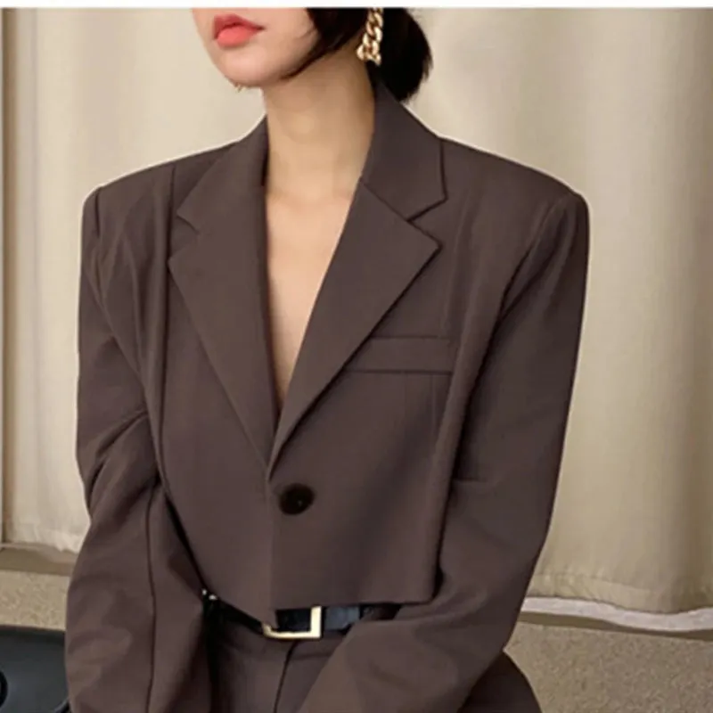 Office Lady Blazer Suits Vintage Two Piece Set Women Long Sleeve Short Blazer   High Waist Wide Leg Long Pants 2 Piece Outfits