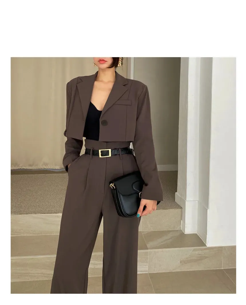 Office Lady Blazer Suits Vintage Two Piece Set Women Long Sleeve Short Blazer   High Waist Wide Leg Long Pants 2 Piece Outfits