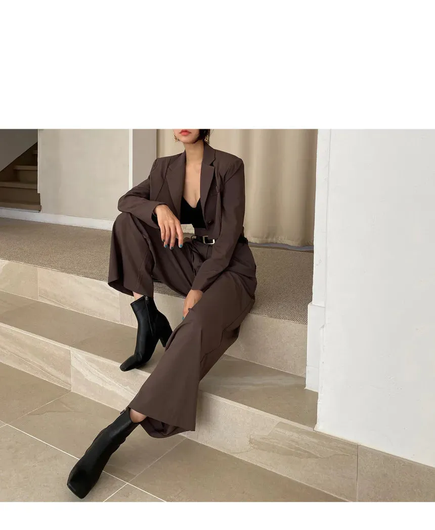 Office Lady Blazer Suits Vintage Two Piece Set Women Long Sleeve Short Blazer   High Waist Wide Leg Long Pants 2 Piece Outfits