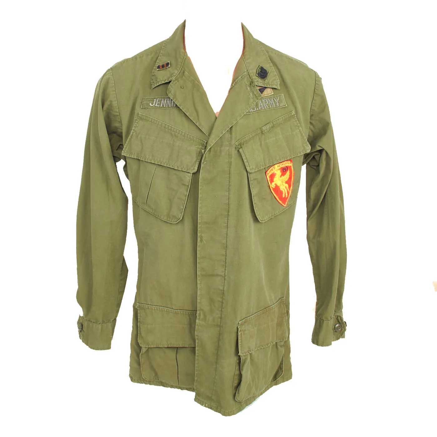 Original U.S. Vietnam War 197th Armed Helicopter Company Pilot’s OG-107 Type III Jungle Jacket with Incountry Made Insignia - First Helicopter Company Deployed To South Vietnam